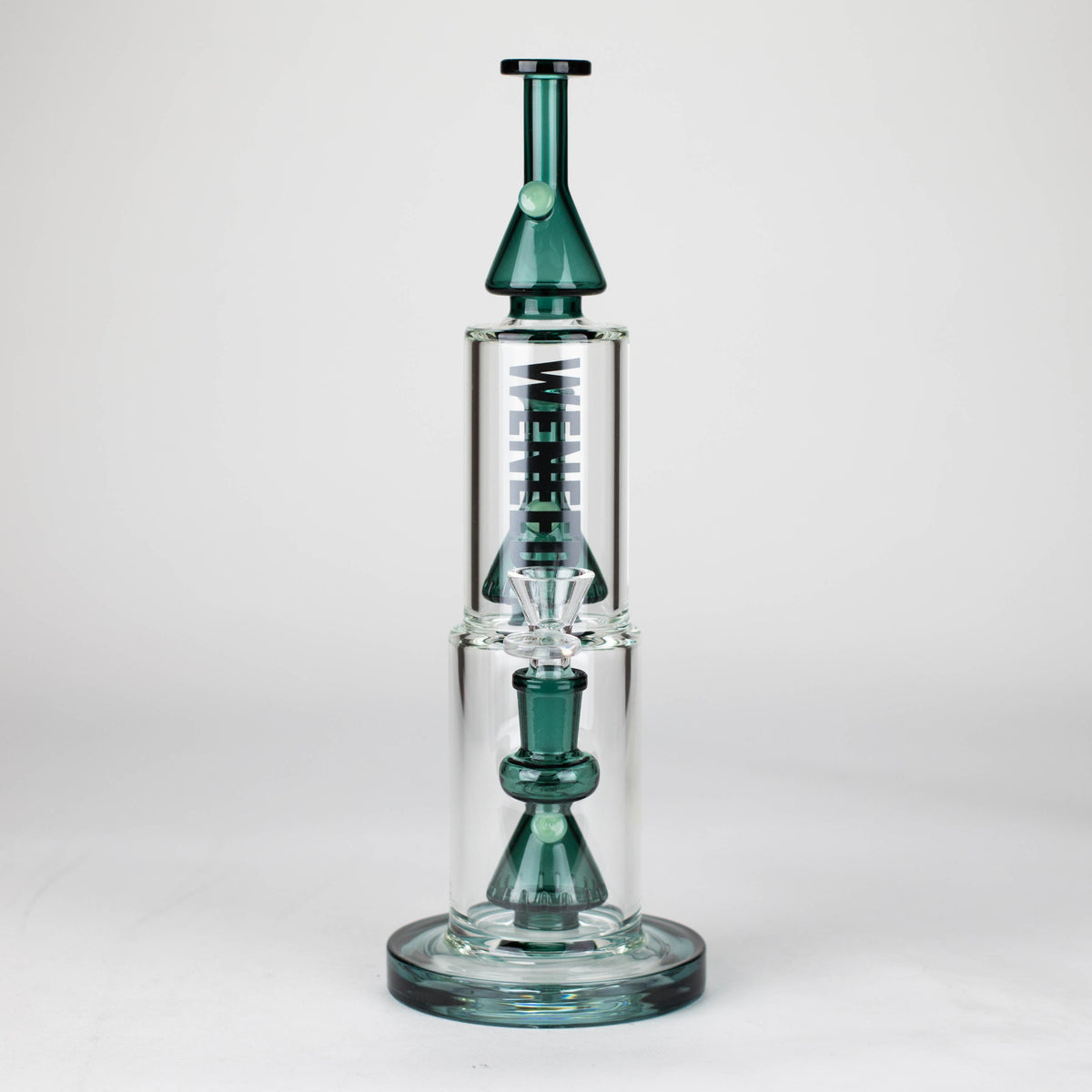 Front View of the 11 Inch Dual-Chamber Bong With Stacked Percolators by WENEED Glass in Green