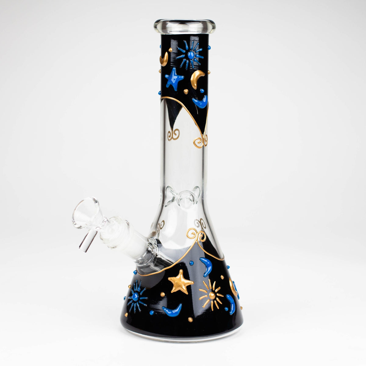 Front view of the 10-inch 3D Sky Design beaker bong with black panels, blue and gold celestial artwork, bowl and downstem