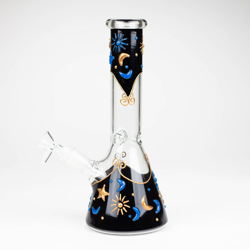 Reverse view of the Sky Design beaker bong showing its black-and-gold panel and blue celestial artwork