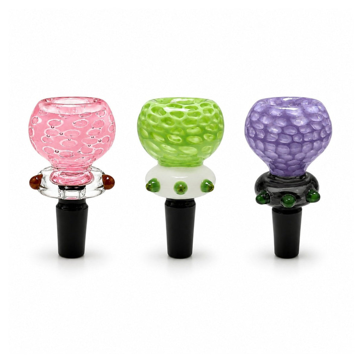 Pink, green and purple bubble-marble bowl pieces with dark male joints