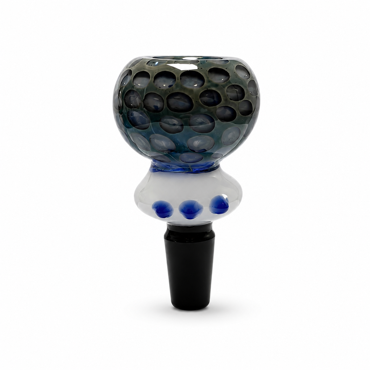 Front view of the Blue Nebula glass bowl with dark bubble texture and blue collar dots
