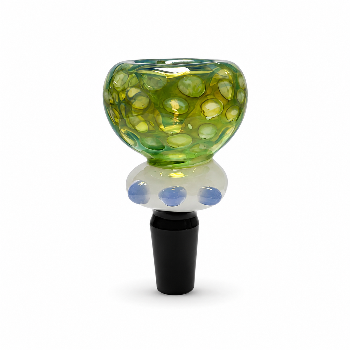 Green Nebula bowl showing yellow-green bubble texture and pale blue dots on its white collar