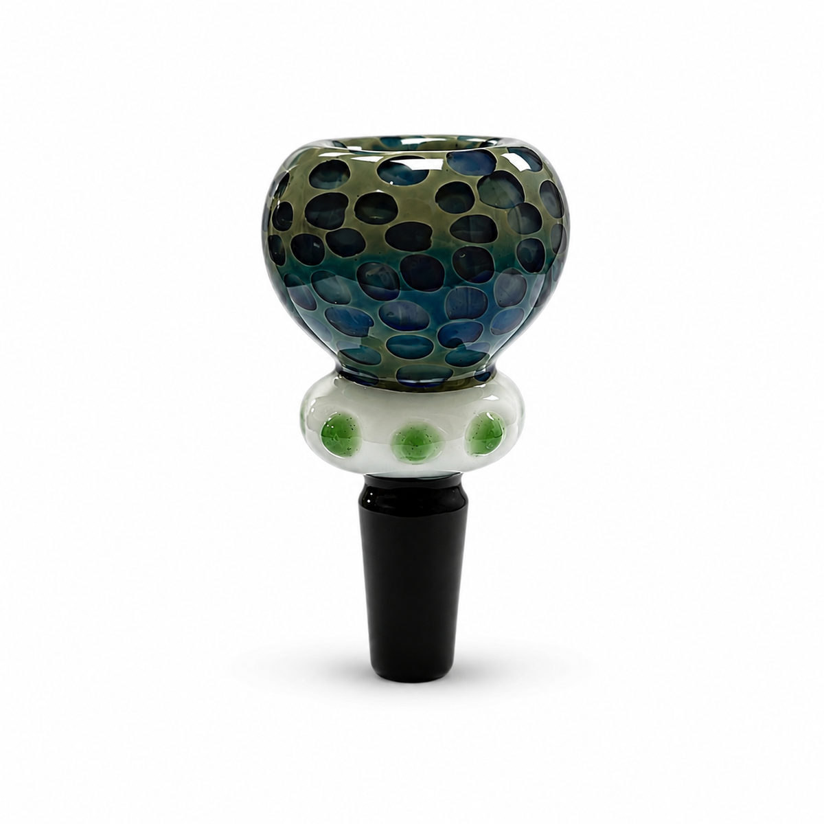 Light Blue Nebula bowl with a mottled blue head, green collar dots and frosted male joint