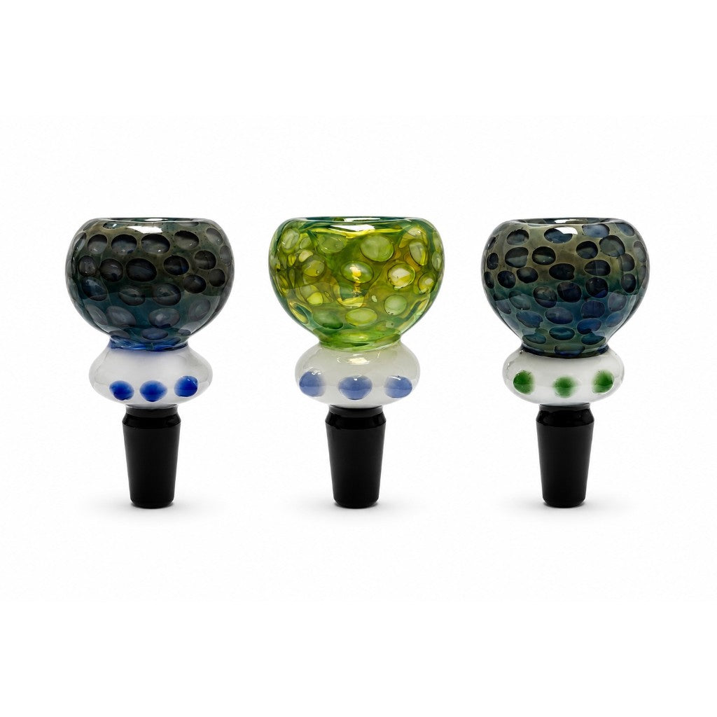 Blue, Green and Light Blue Nebula bowls showing bubble-textured heads, dotted white collars and 14mm male joints