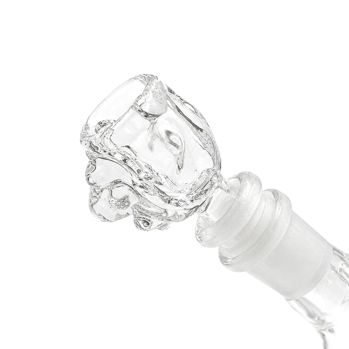 Angled view of the Clear Troll Face bowl and its frosted 14mm male fitting