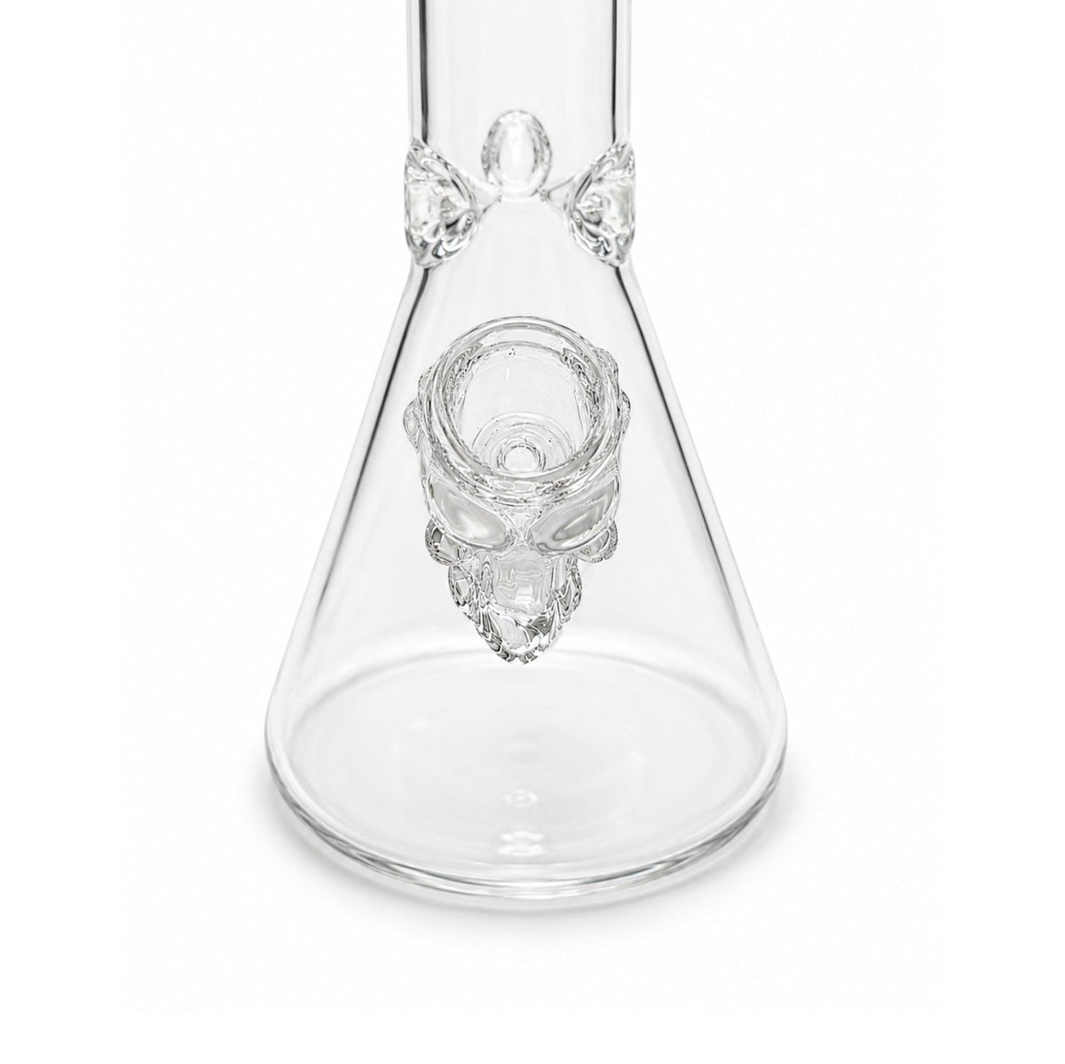 Front view of the Clear Troll Face bowl mounted on a compatible glass beaker