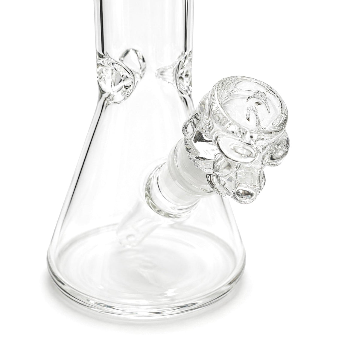 Clear Troll Face bowl fitted into a compatible glass beaker joint, viewed from the side