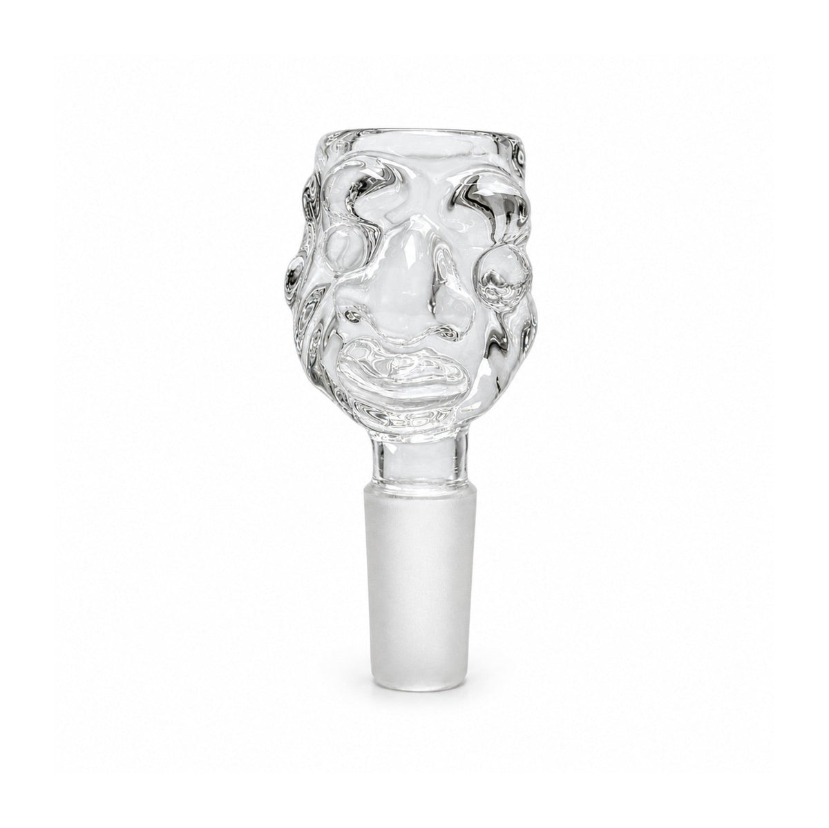 Clear 14mm Troll Face bowl showing its raised facial details and male glass joint