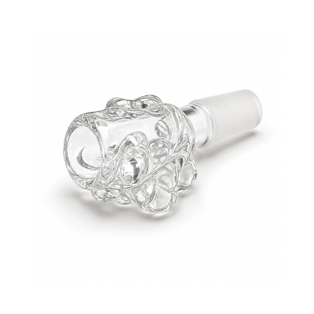 Clear Troll Face glass bowl resting horizontally with the sculpted face facing upward