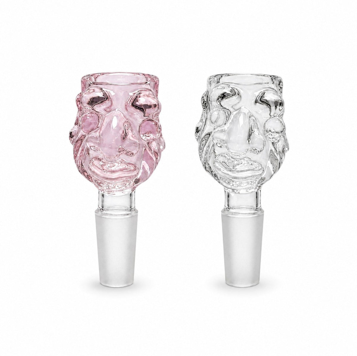Pink and Clear Troll Face glass bowls side by side, each with a frosted 14mm male joint