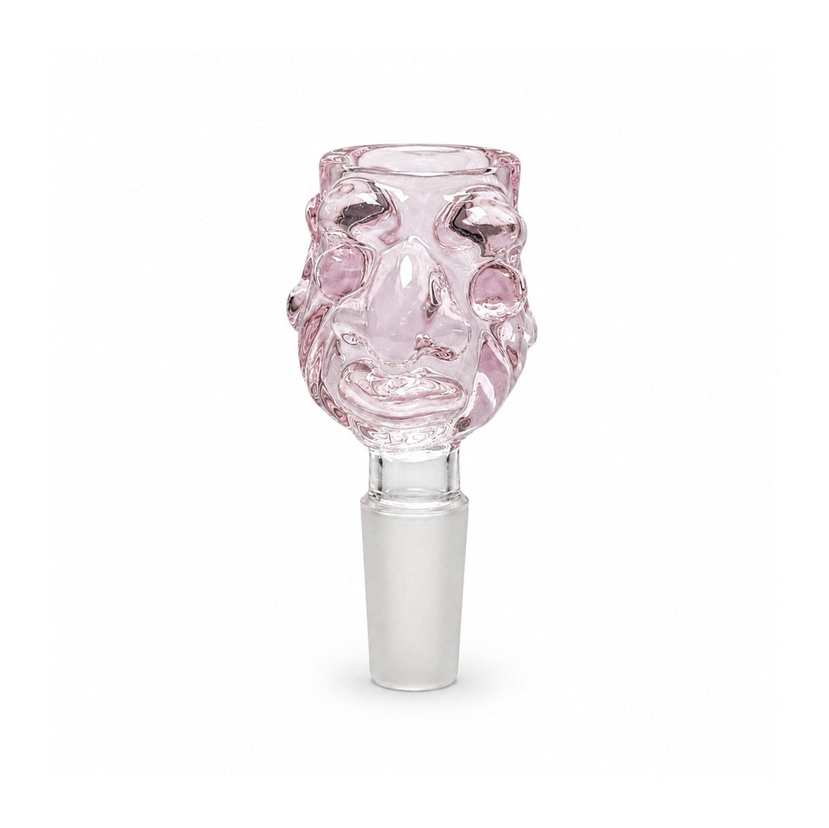 Pink 14mm Troll Face glass bowl showing the sculpted grin and frosted joint
