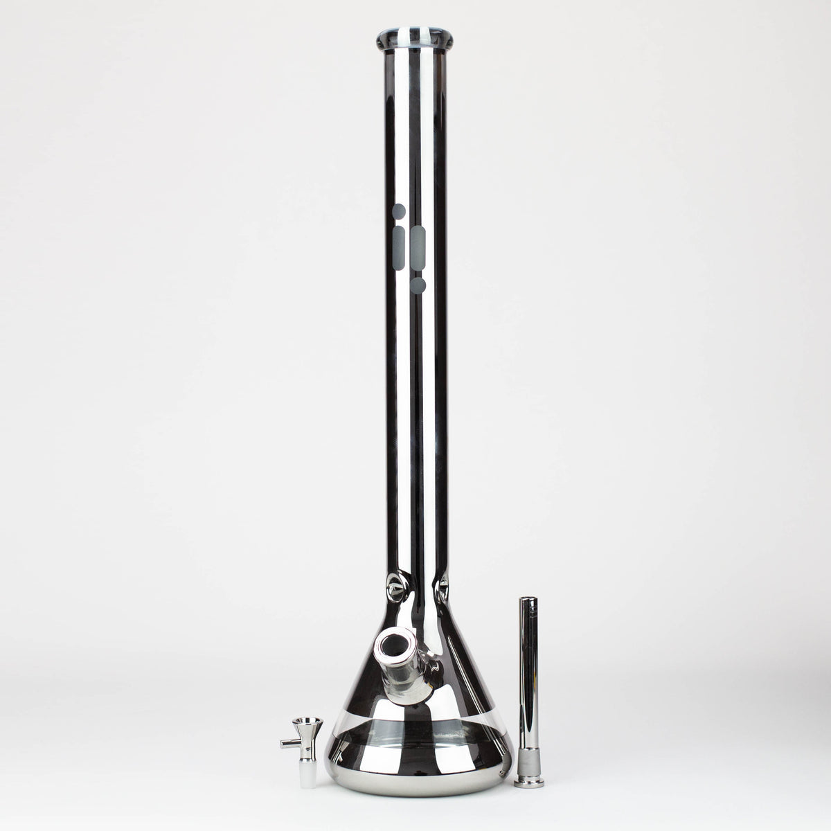 Disassembled three-piece Silver 24-Inch Infyniti Leaf Metallic Glass Water Bong viewed from front.