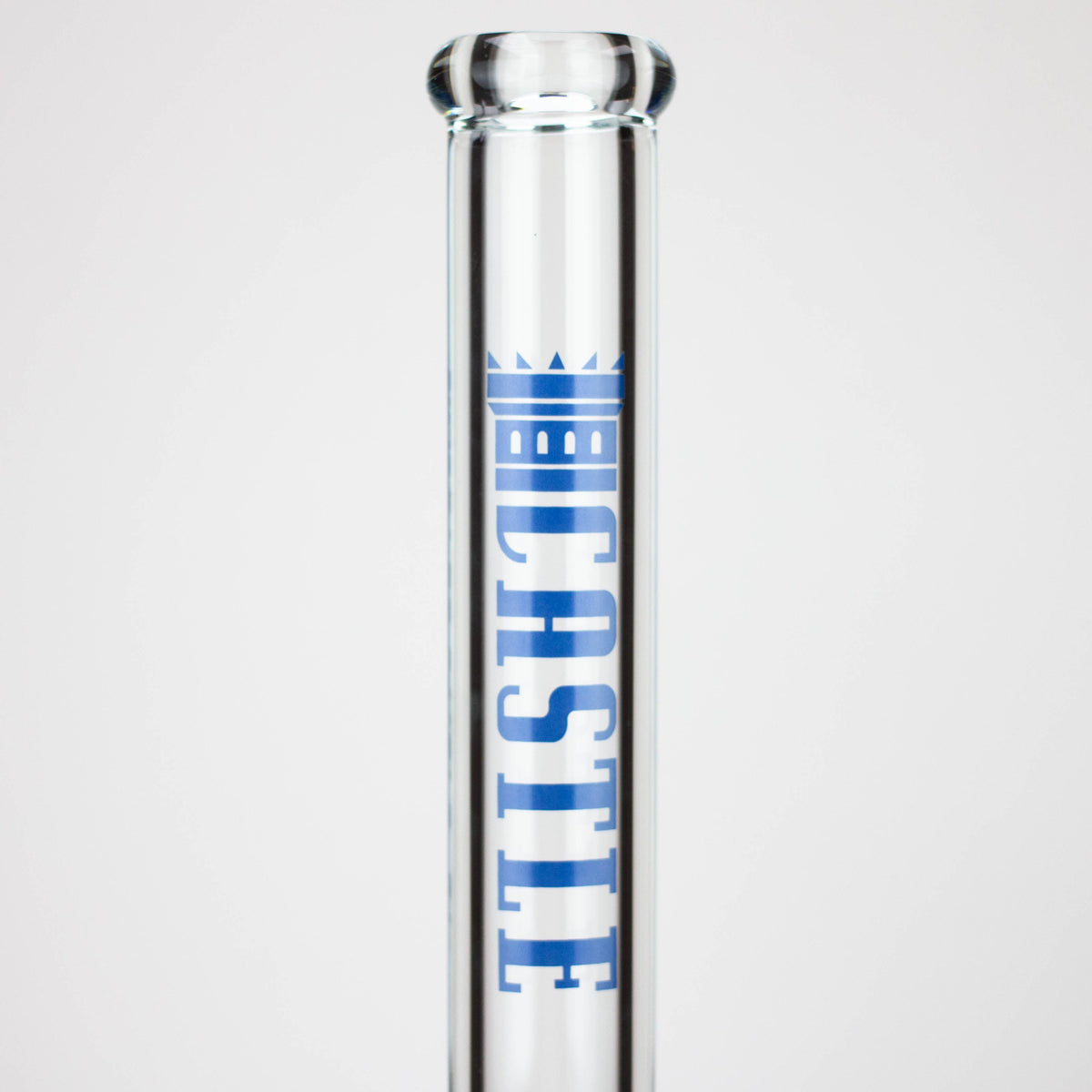 Castle Glassworks | 18 inch Glass Beaker Bong Neck View with Castle Glass Logo