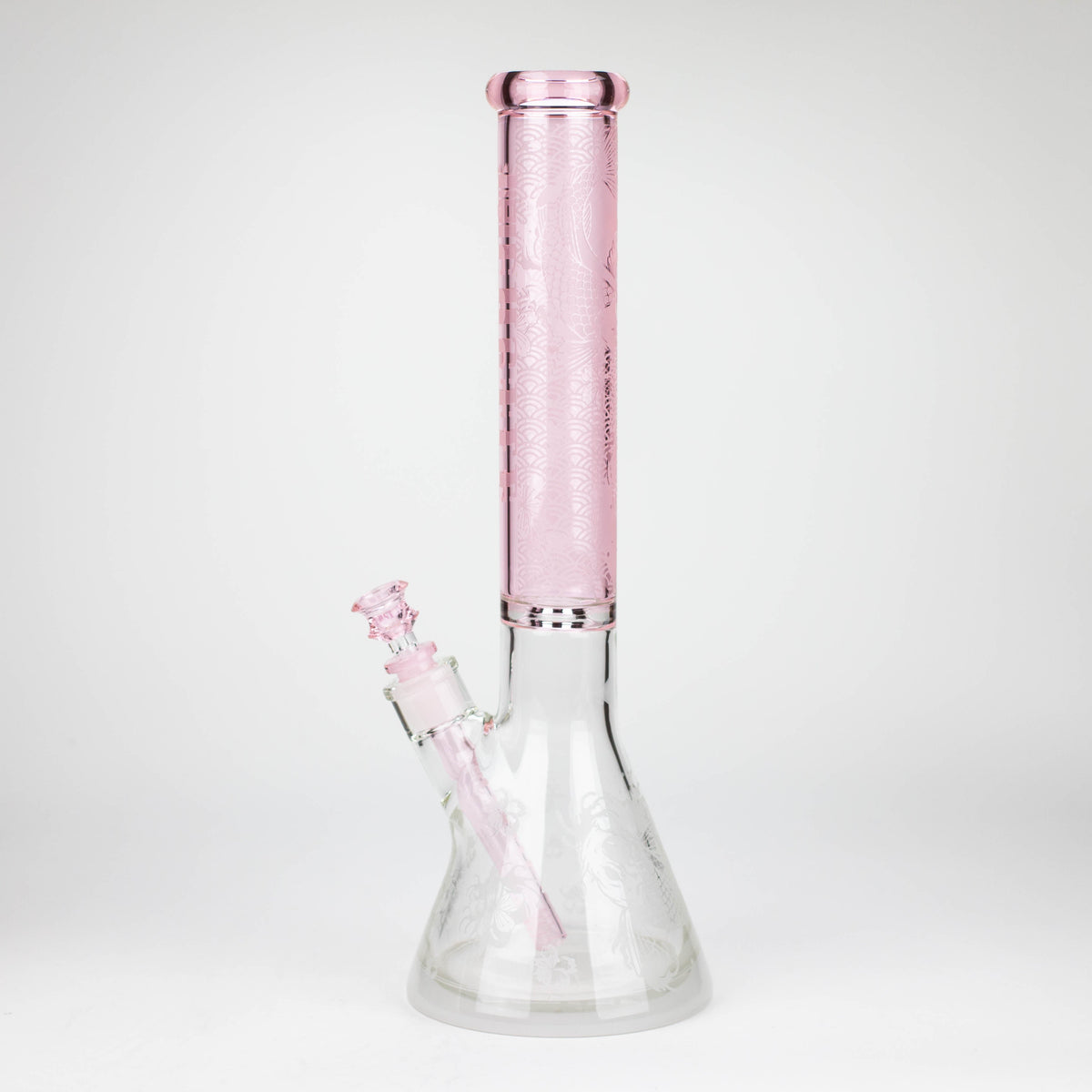 Side View of the Castle Glassworks 16 inch Pink Beaker Bong with Koi Fish Design