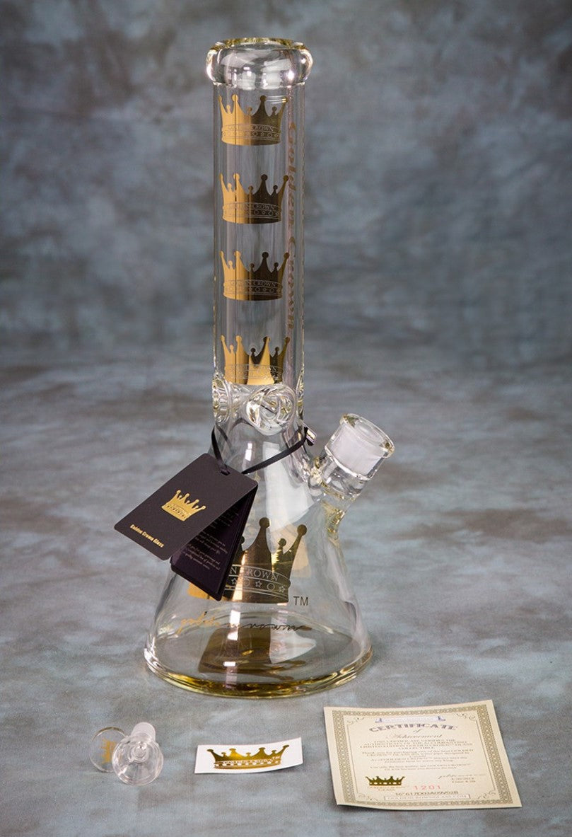 Golden Crown™ | 14 Inch 24K Gold Bong with GC sticker, glass bowl piece, and Certificate of Authentication