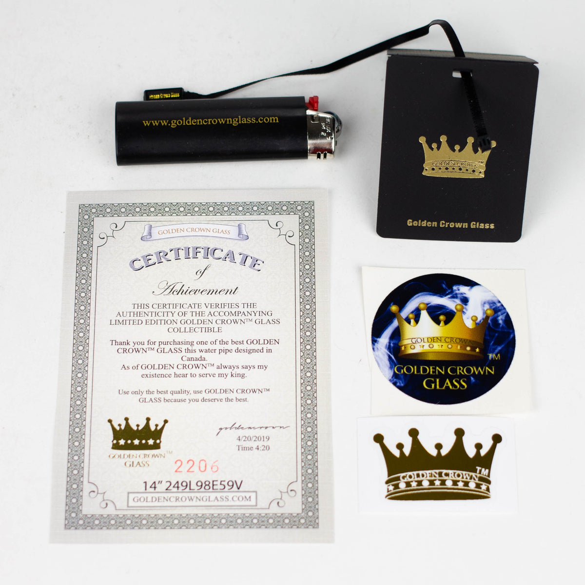 Golden Crown™ | 14 Inch 24K Gold Bong Certificate of Authentication, Golden Crown Bic Lighter, and GC Stickers