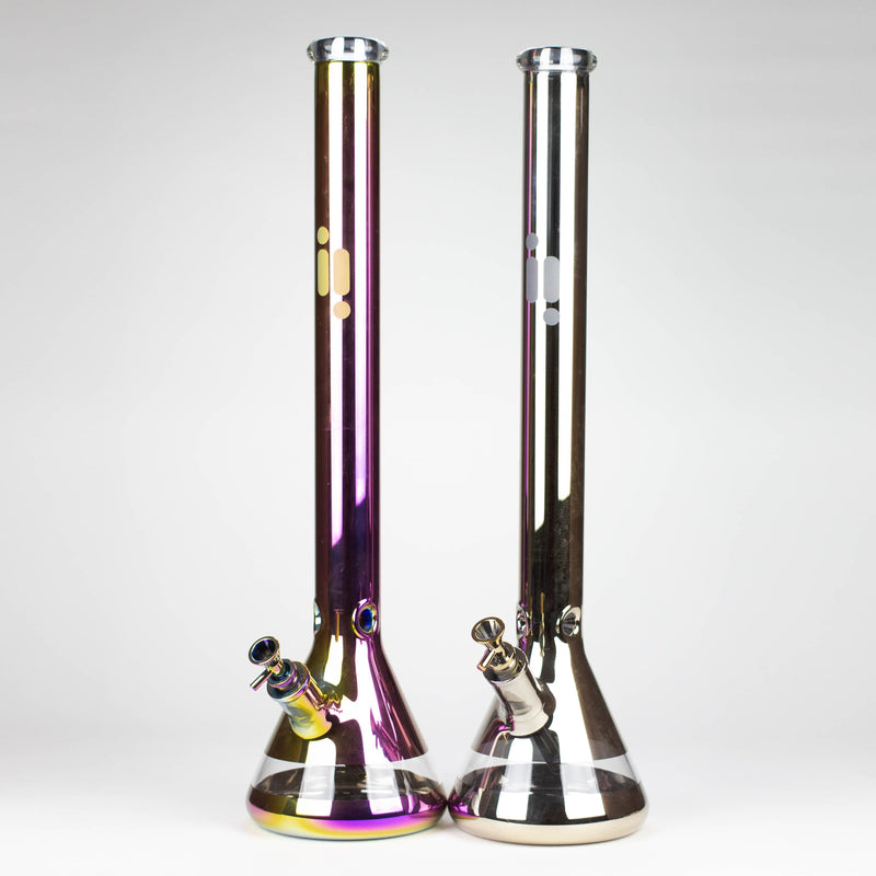 One Purple Iridescent Rainbow and one Gold 24-Inch Infyniti Leaf Metallic Glass Water Bong pictured side-by-side.