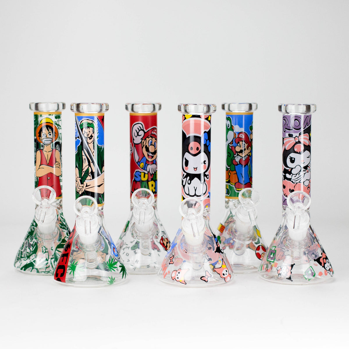 Six Channel Surfer 7.5-inch cartoon glass beaker bongs shown together with anime, game and hooded-character artwork