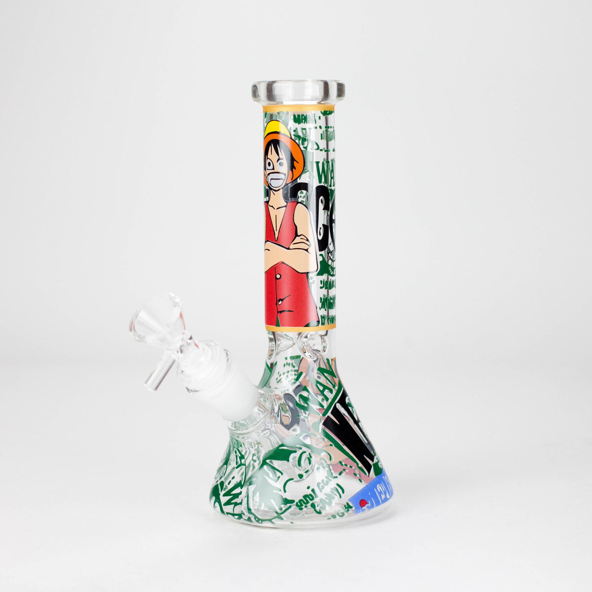 Additional full-length photo of the Channel Surfer Design A beaker bong with straw-hat anime character and green graphics