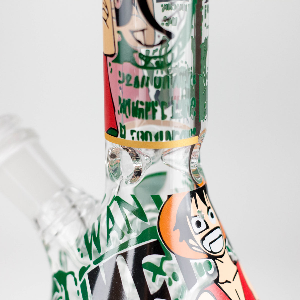 Close-up of the Channel Surfer beaker bong neck showing three ice pinches beneath the anime-pirate artwork