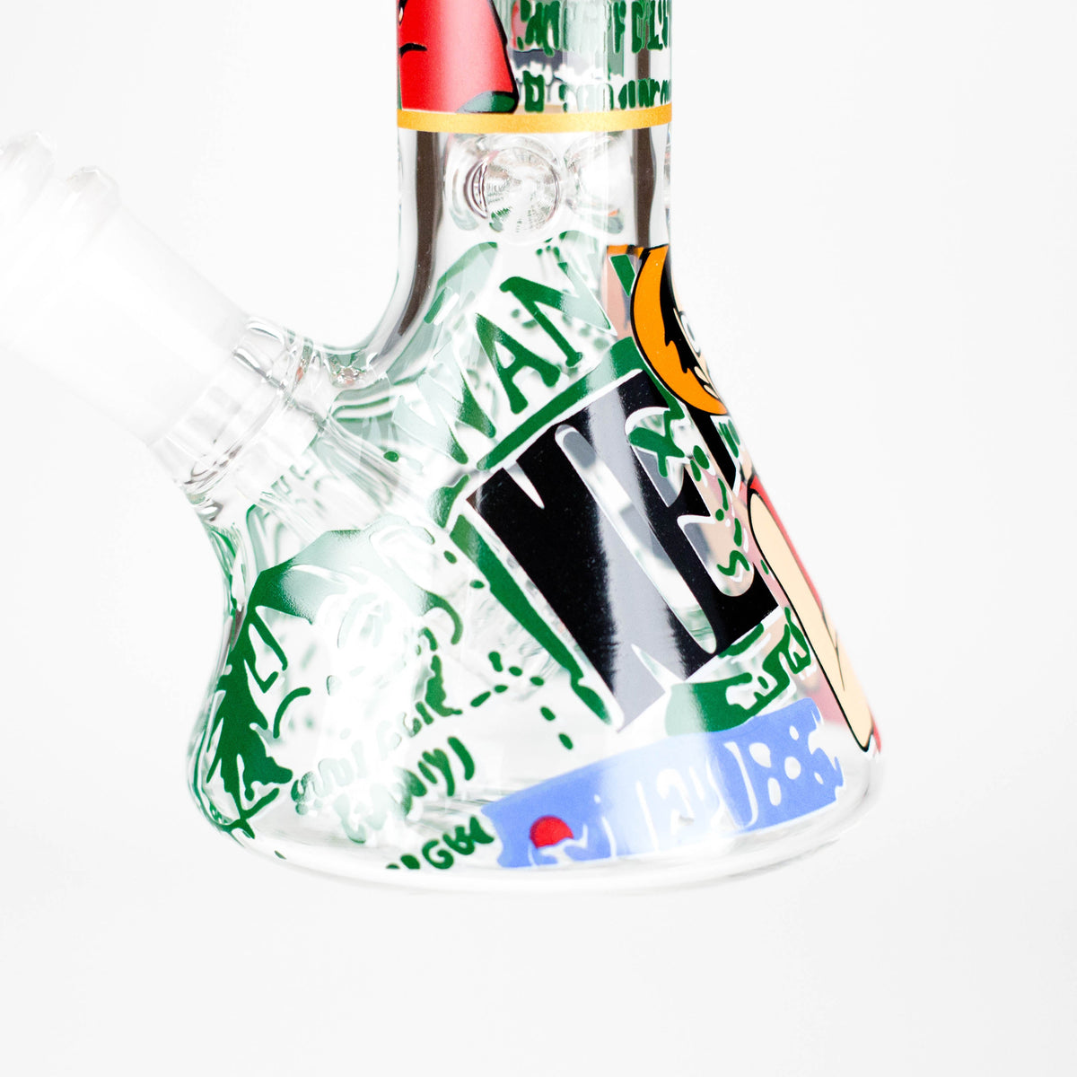 Close-up of the Channel Surfer Design A beaker base showing green printed graphics and the removable downstem joint