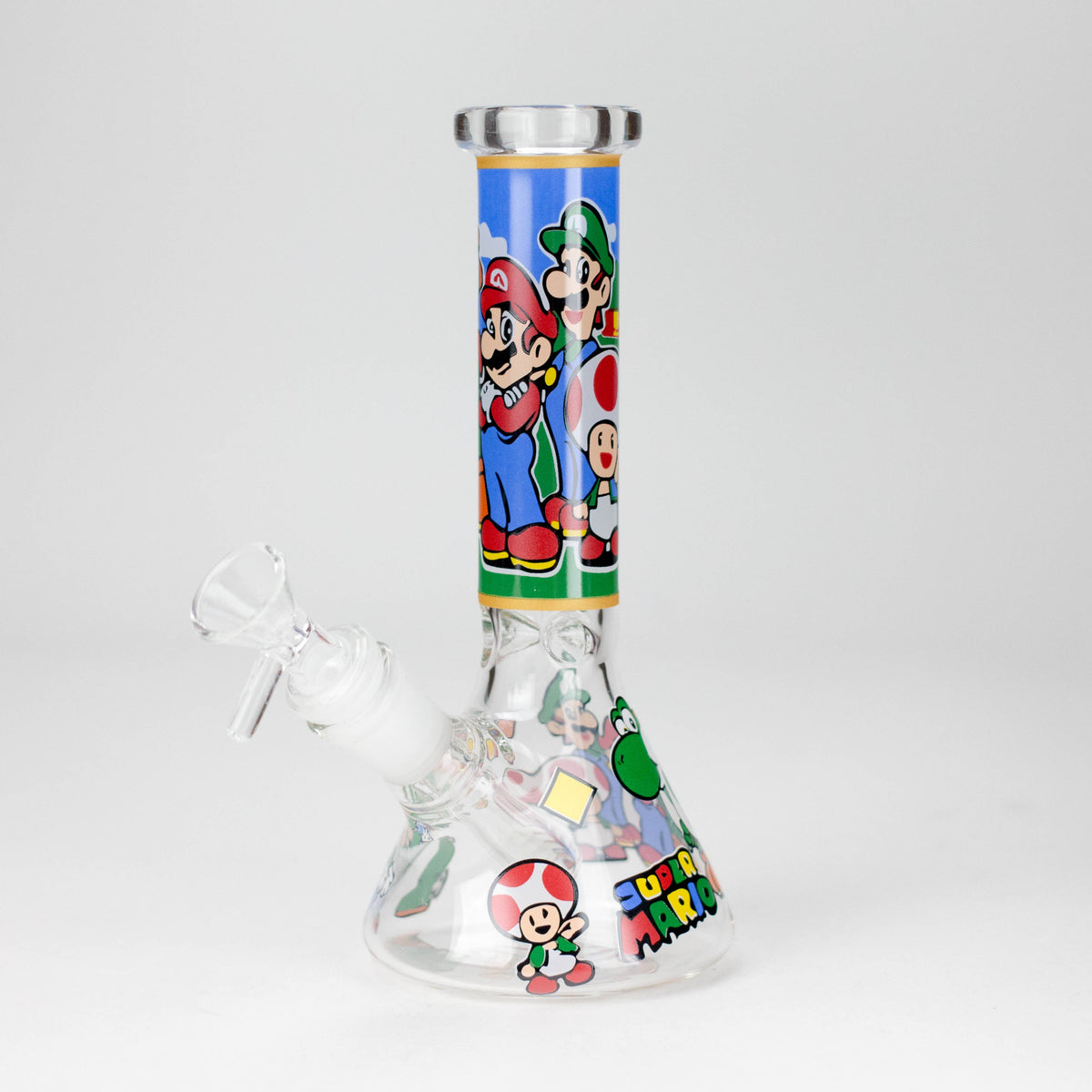 Channel Surfer Design C 7.5-inch glass beaker bong with Mario, Luigi and Toad artwork on a blue neck panel