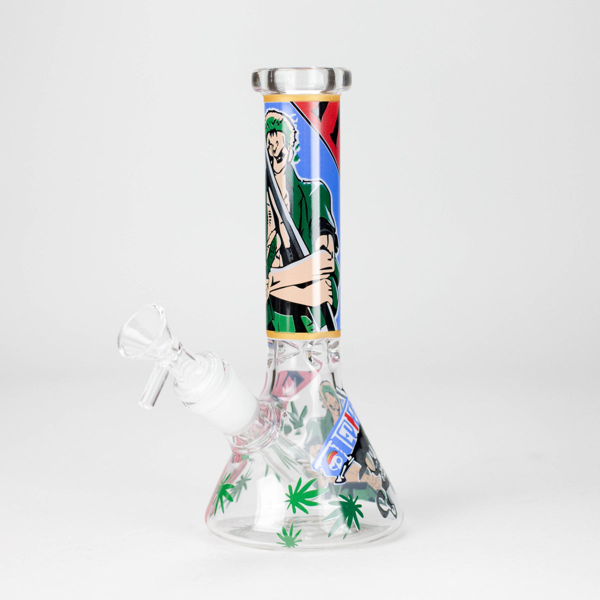 Channel Surfer Design D 7.5-inch glass beaker bong with green-haired anime character and leaf-patterned base