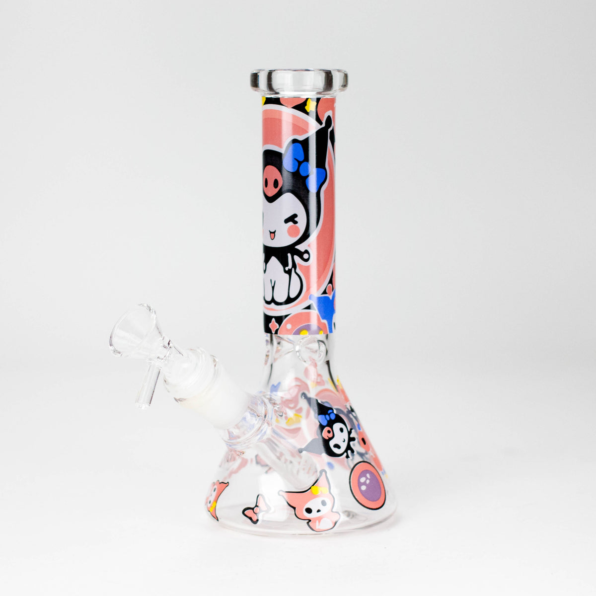 Channel Surfer Design E glass beaker bong with black-and-white hooded cartoon character and pink patterned artwork