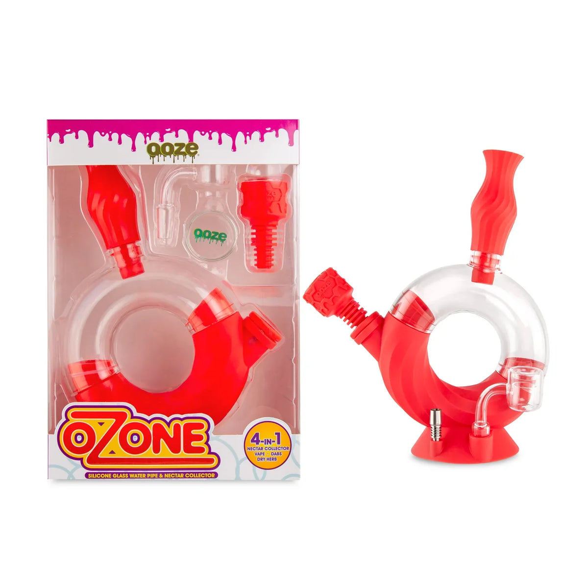 Ooze Ozone Silicone Bong & Dab Rig Hybrid Side By Side With the Packaging