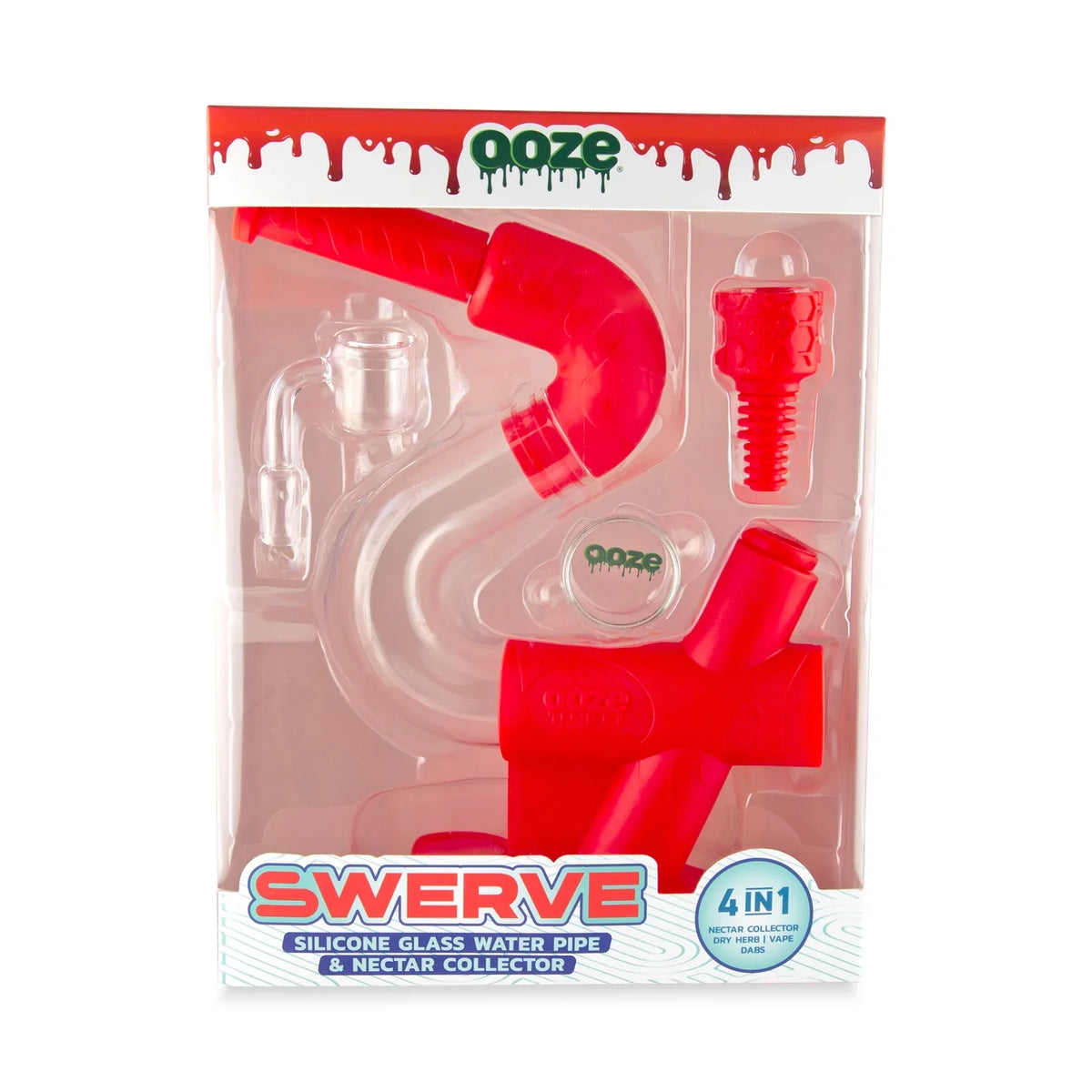 Ooze | Swerve Silicone Bong & Dab Rig Hybrid Packaging with Silicone Bowl Piece and Glass Banger