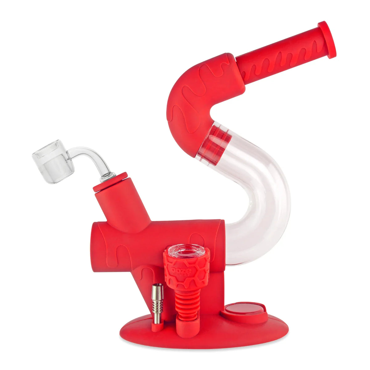 Ooze | Swerve Silicone Bong & Dab Rig Hybrid in Red with Quartz Banger and Bowl Piece