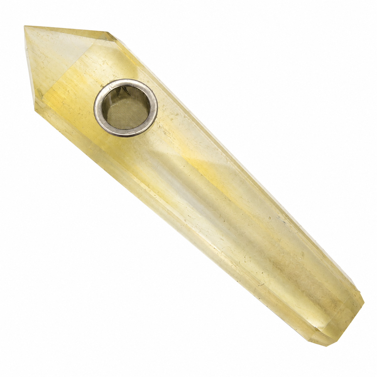 Clear quartz crystal pipe with blue and yellow inclusions and a choke opening