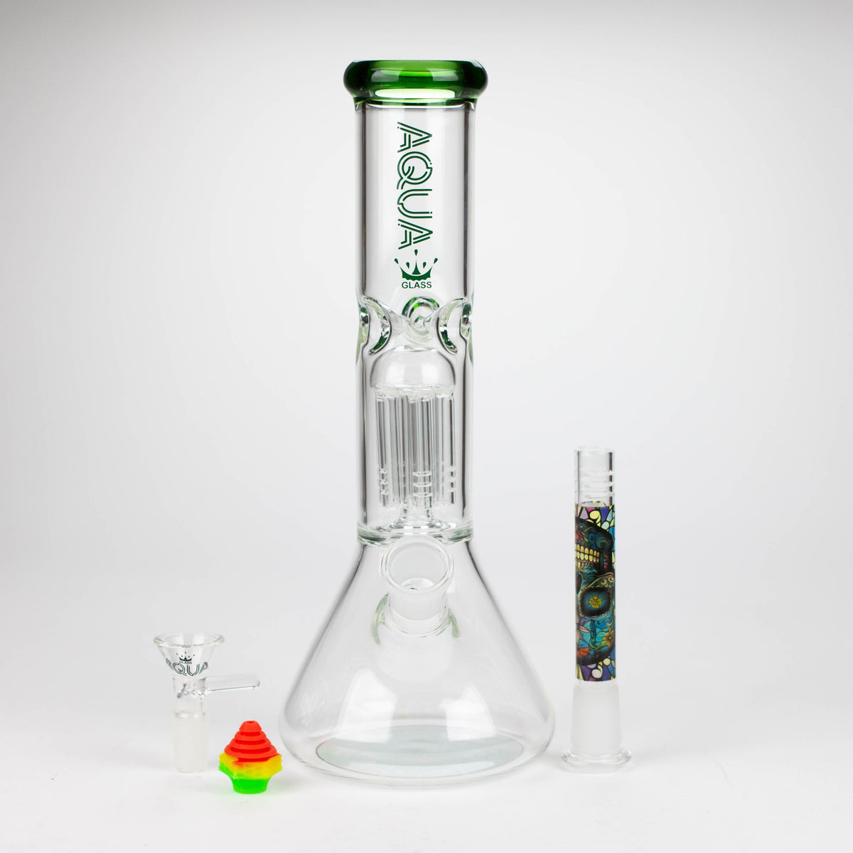 10 Inch Tree Perc Beaker Bong from AQUA Glass with silicone cap and bowl piece