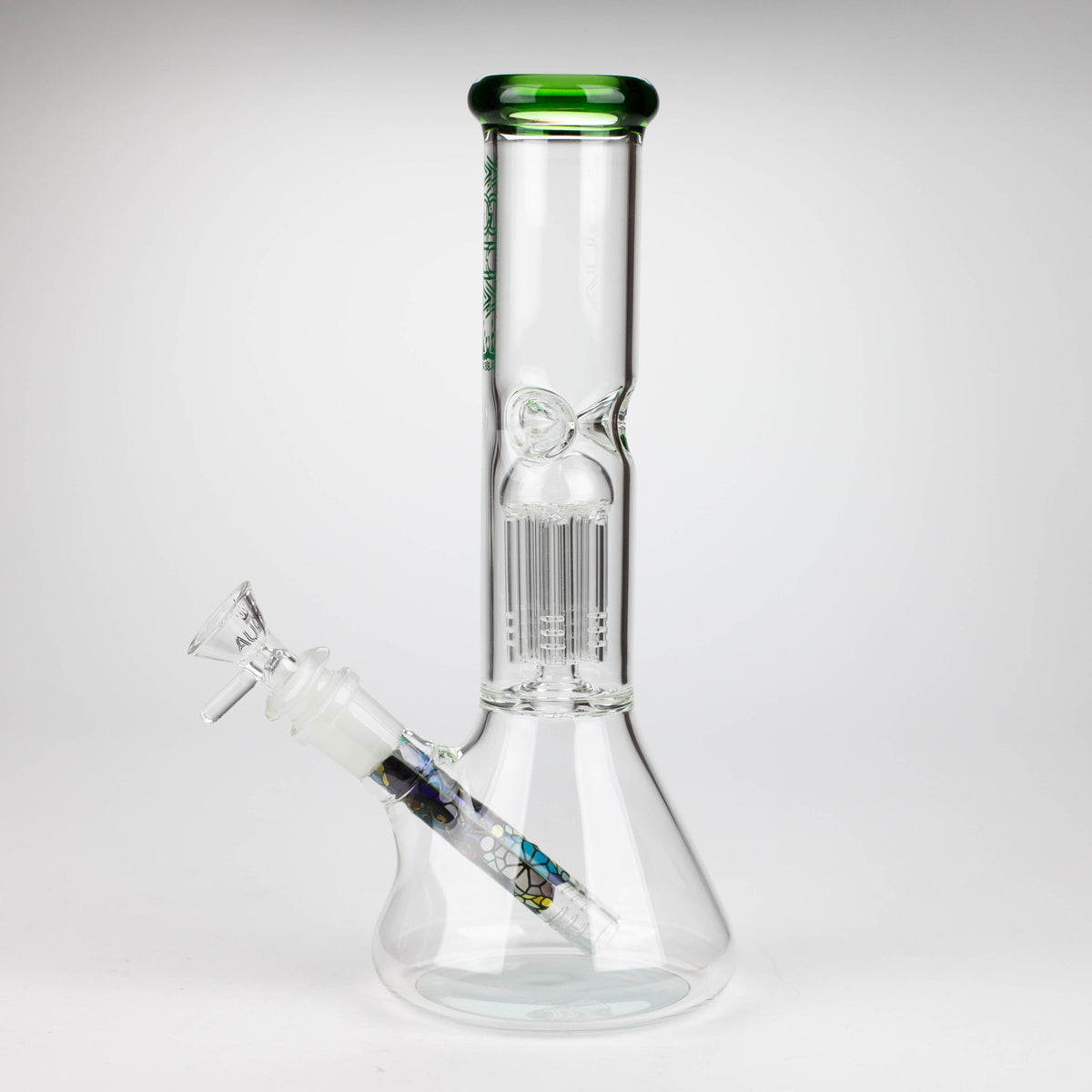 Side View of the Green 10 Inch Tree Perc Beaker Bong from AQUA Glass