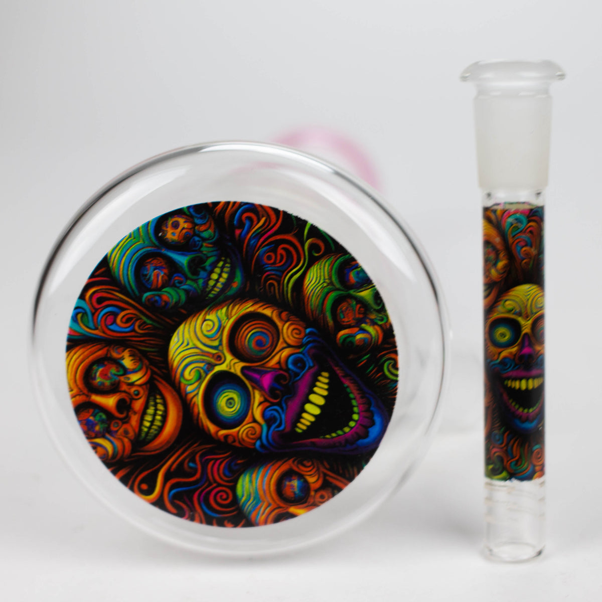 Matching Graphic Art on the bottom base and downstem of the 10 Inch Tree Perc Beaker Bong from AQUA Glass