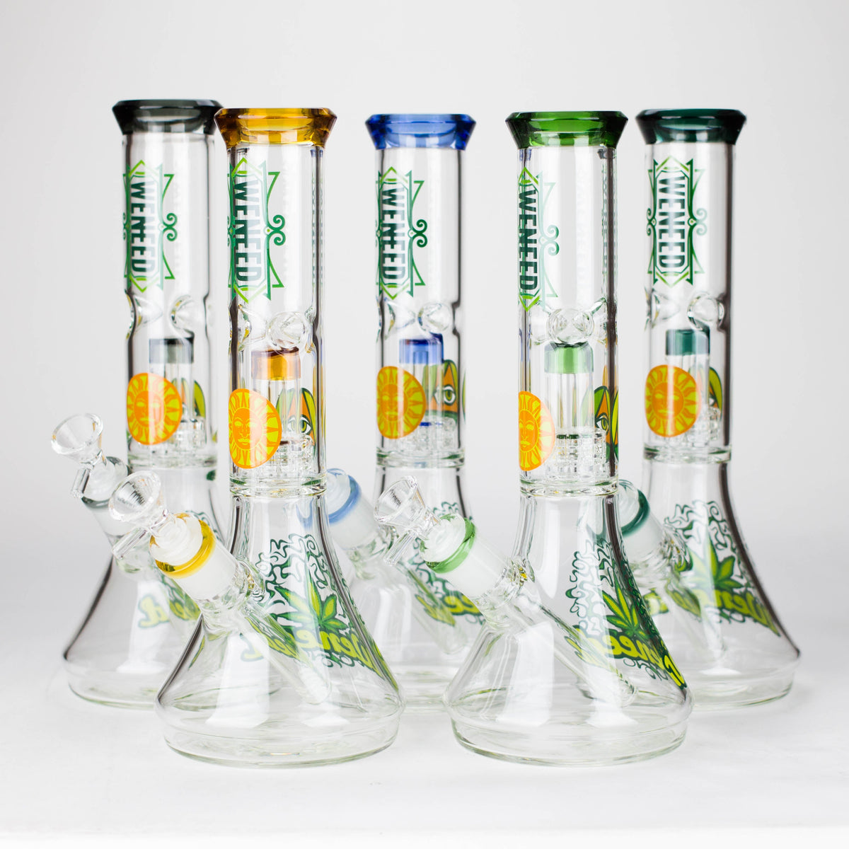 Five 11 inch Helios Beaker Bongs With Showerhead Perc from WENEED Glass