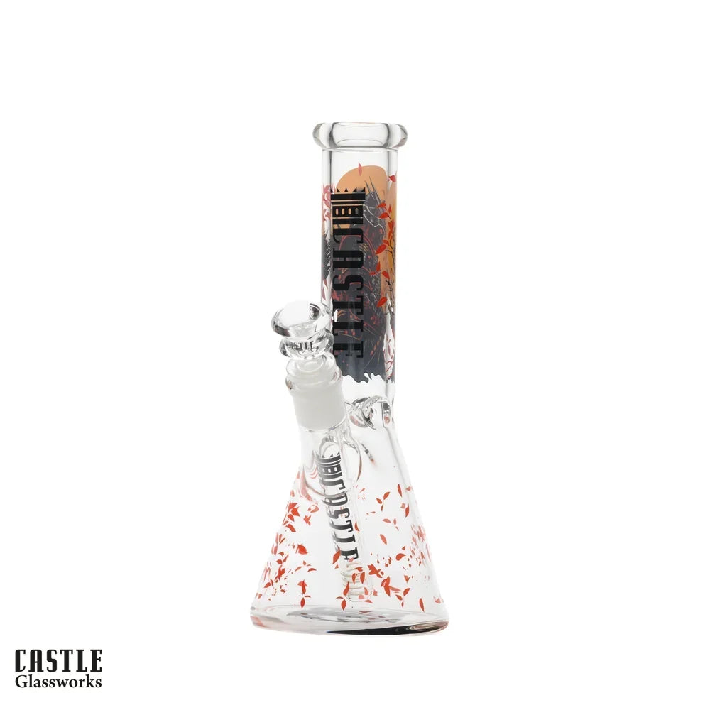 Castle Glassworks 10-inch Bushi beaker bong with colorful warrior-inspired artwork, ice pinches, bowl and downstem
