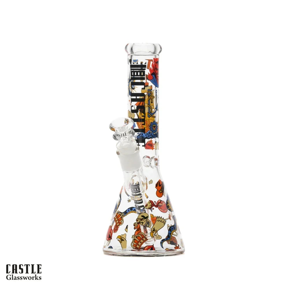 Castle Glassworks 10-inch Tattoo beaker bong with colorful tattoo-flash artwork, pink glass accents, bowl and downstem