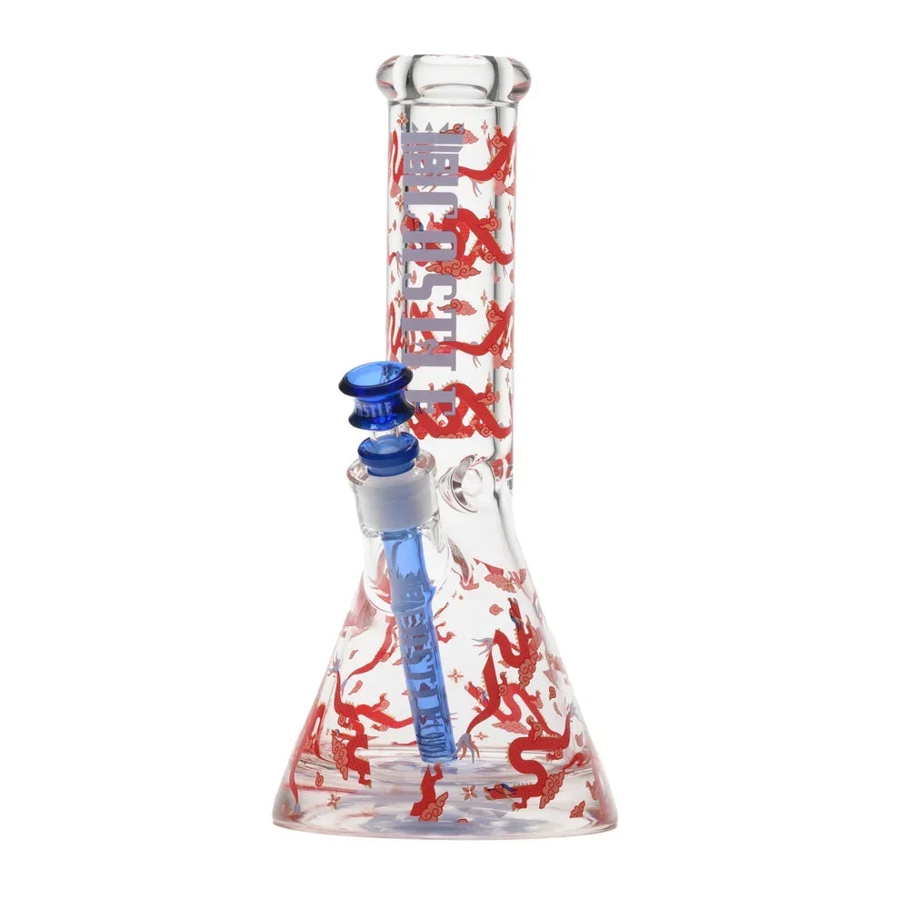 Castle Glassworks 12-inch Lucky Dragon beaker bong with red dragon artwork, blue glass bowl and downstem
