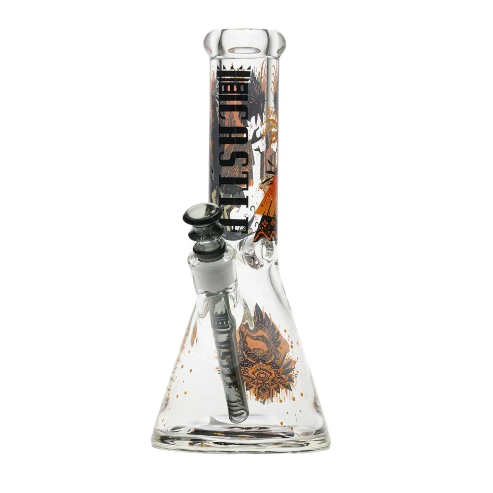 Castle Glassworks 12-inch Prophecy beaker bong with ornate black and amber artwork, 19mm female joint and 14mm bowl