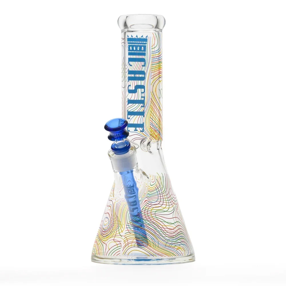 Castle Glassworks Squigz beaker bong with blue lettering, rainbow contour lines and blue glass bowl and downstem