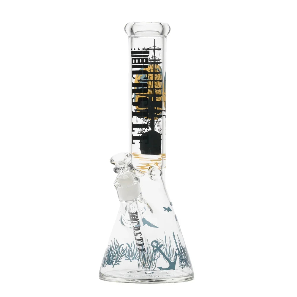 Castle Glassworks 14-inch Schooner beaker bong with ship, anchor and ocean artwork, glass bowl and downstem