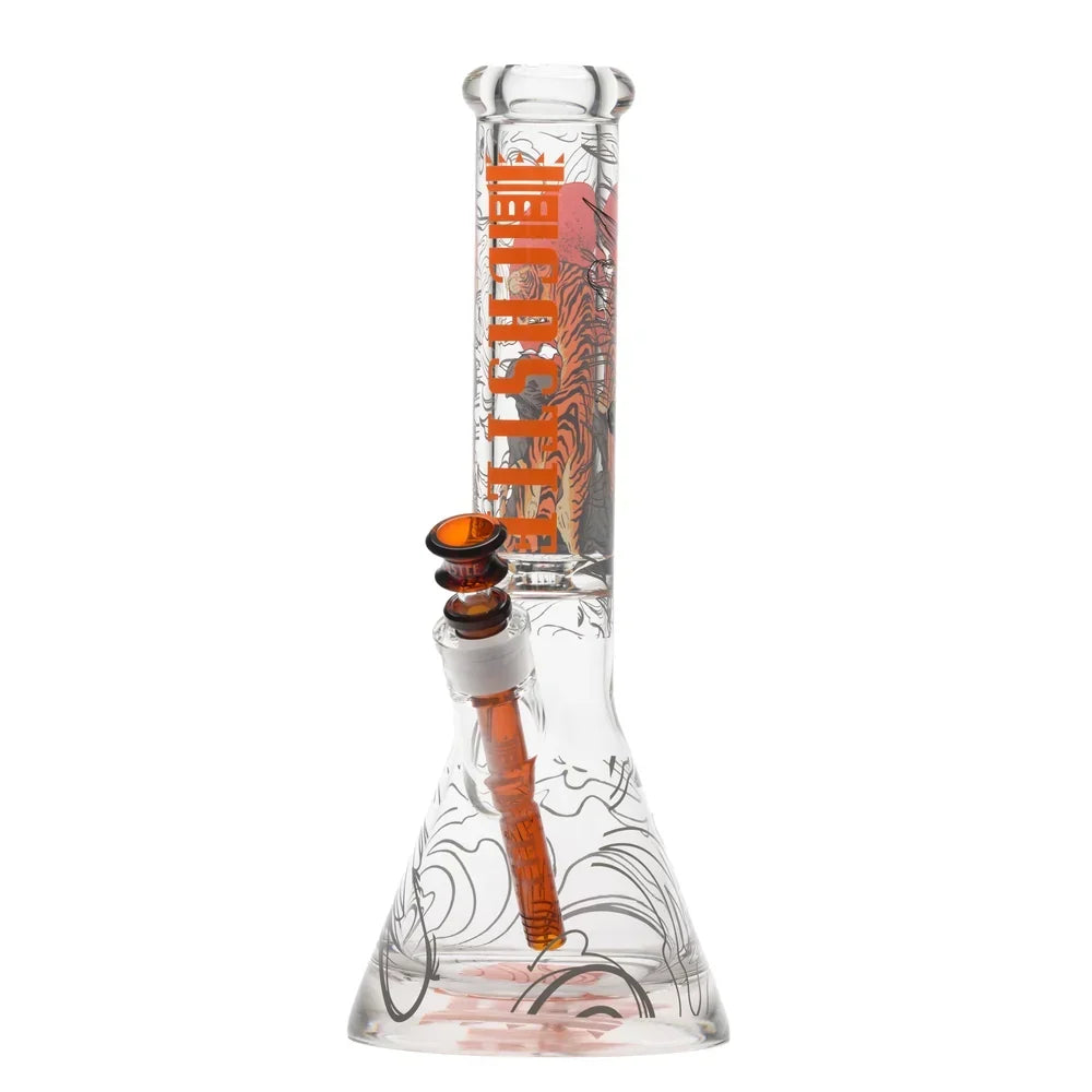 Castle Glassworks 14-inch Tiger Moon beaker bong with orange tiger artwork, glass bowl and downstem