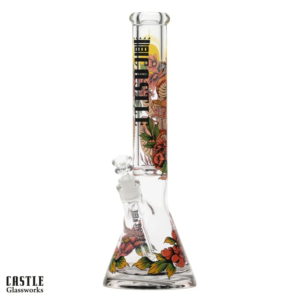 Castle Glassworks 16-inch Serpent beaker bong with snake and flower artwork, glass bowl and angled downstem