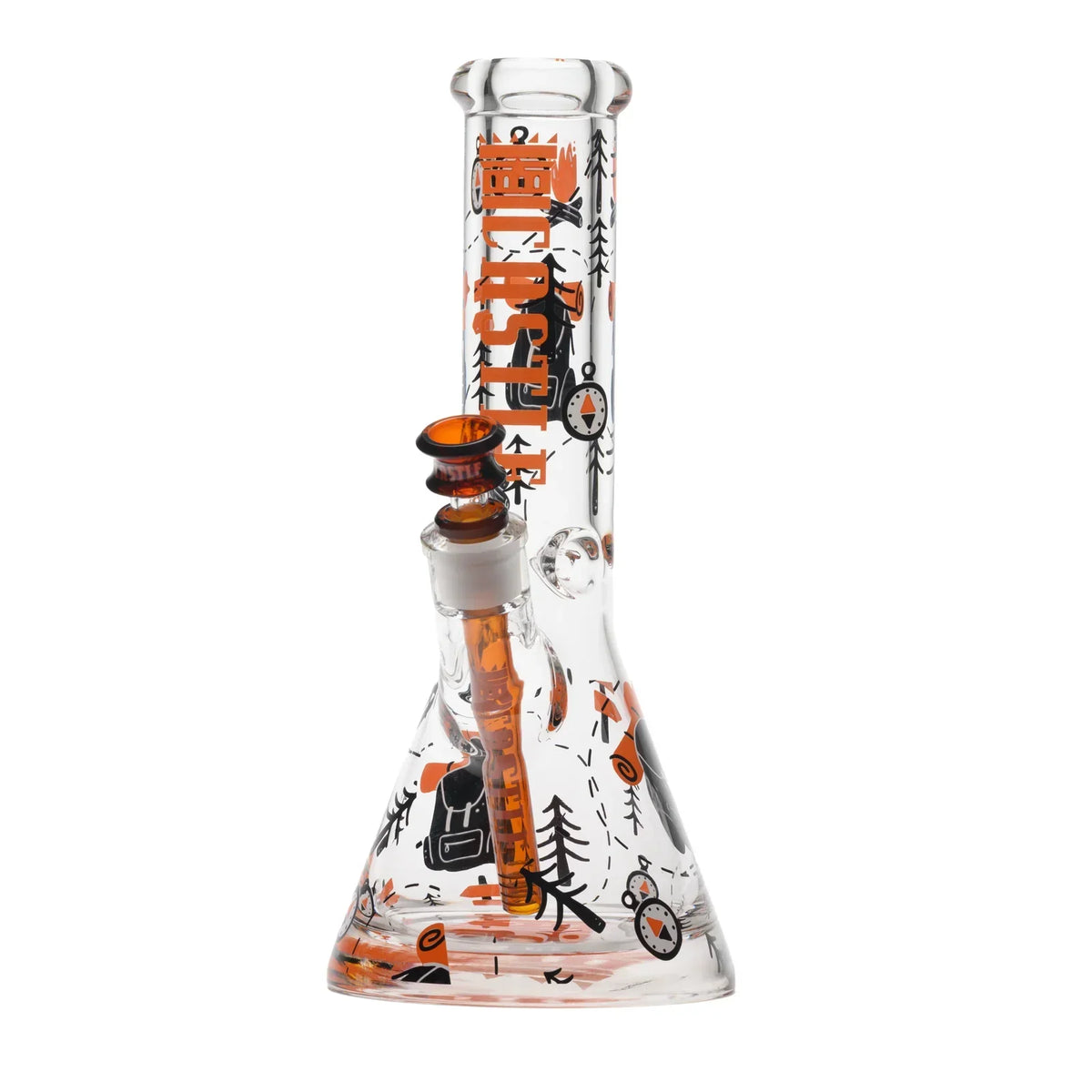 Castle Glassworks Adventure beaker bong with orange Adventure lettering, black trail graphics and orange-accented bowl and downstem
