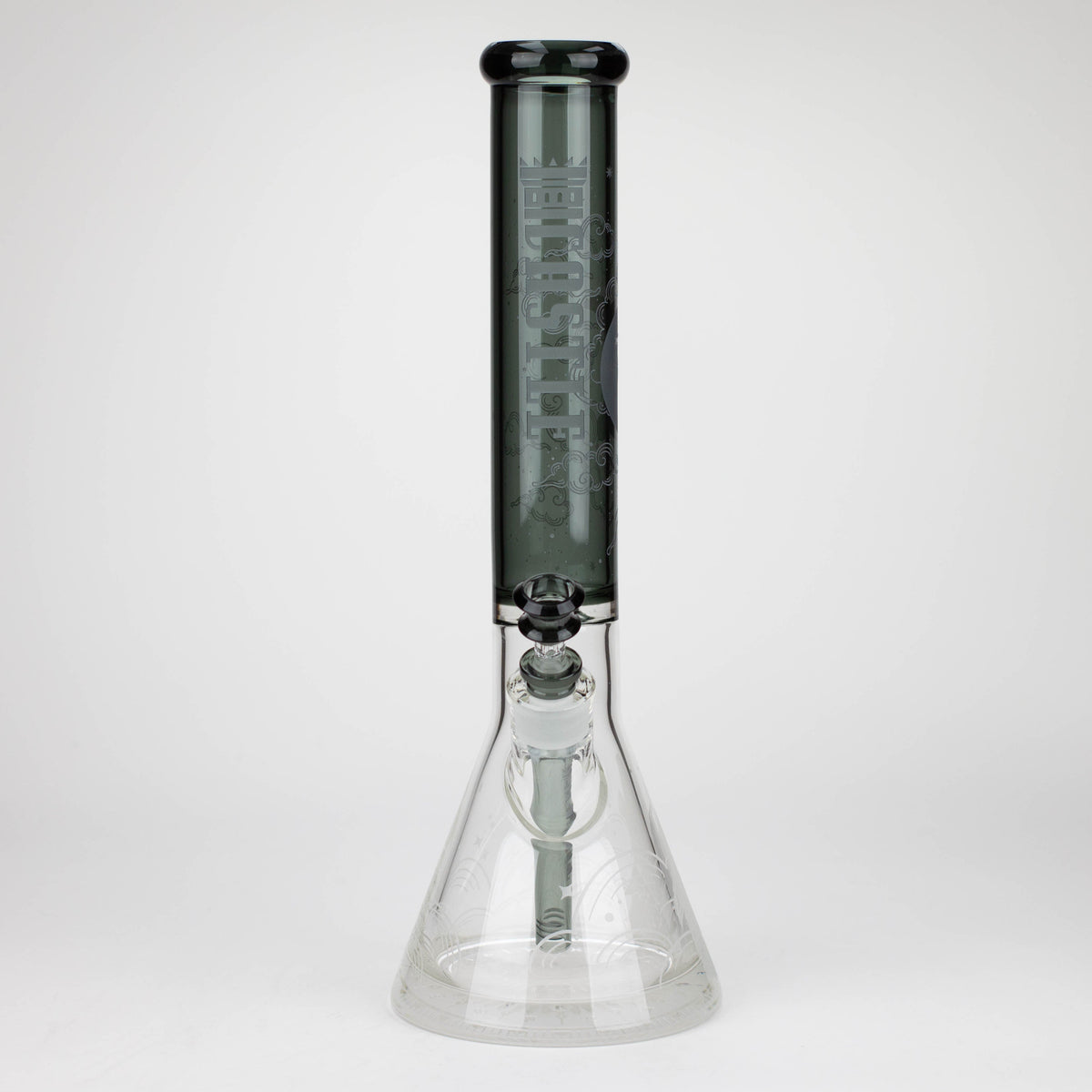 Front View of the Wolf Etched 16 inch Glass Beaker Bong from Castle Glassworks