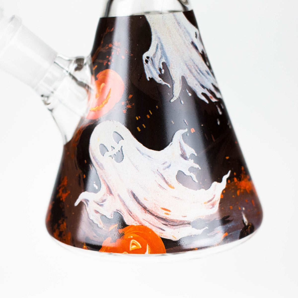 Smiling white ghost and orange pumpkin graphics printed around the black beaker base