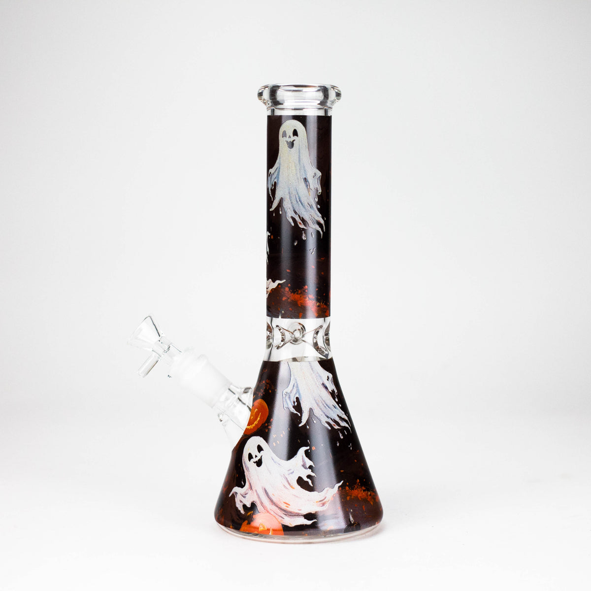 Side view of Design 1 cute ghost beaker showing the bowl, downstem and white ghost artwork