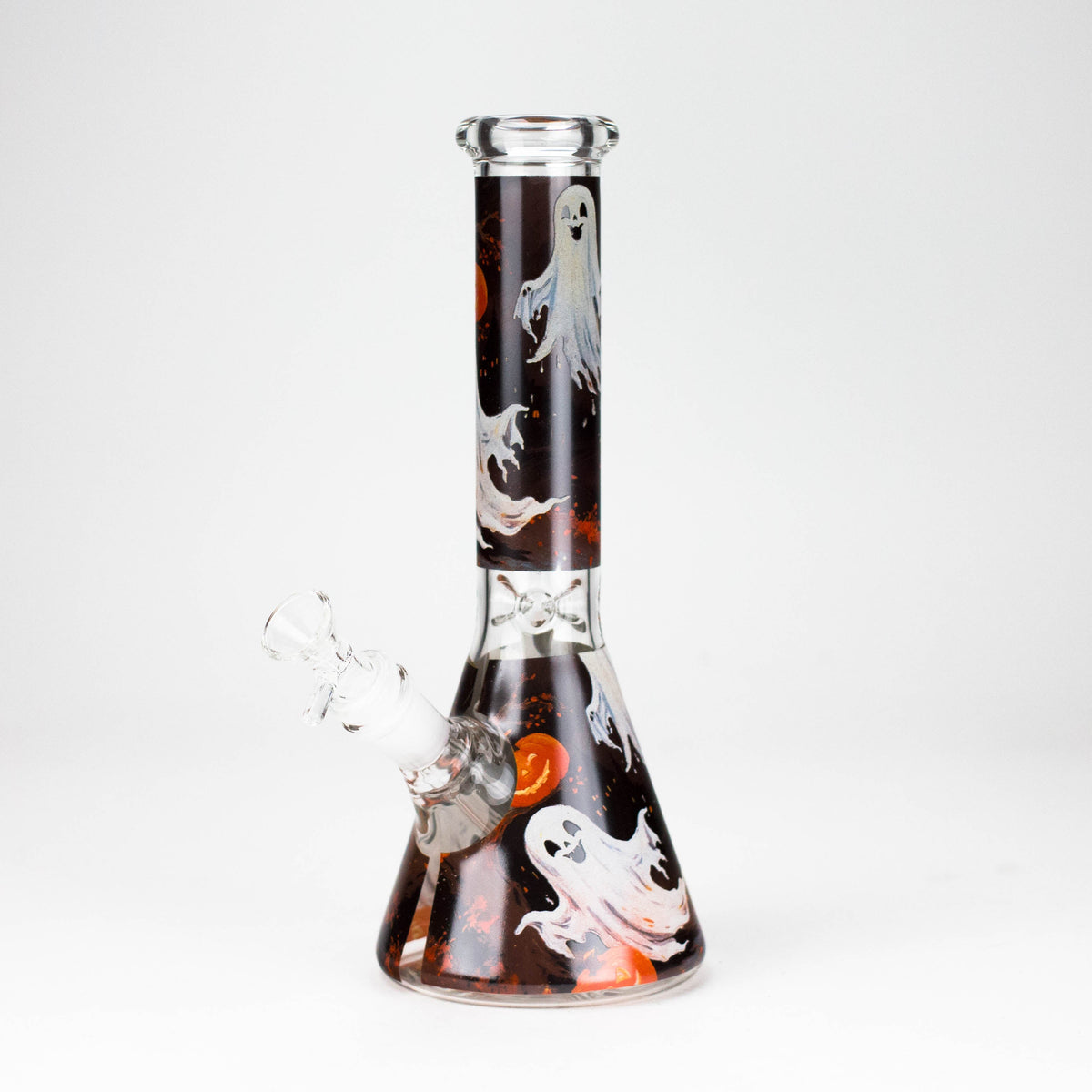 Design 1 ghost beaker bong with a tall white ghost on the neck and smiling ghost near the base