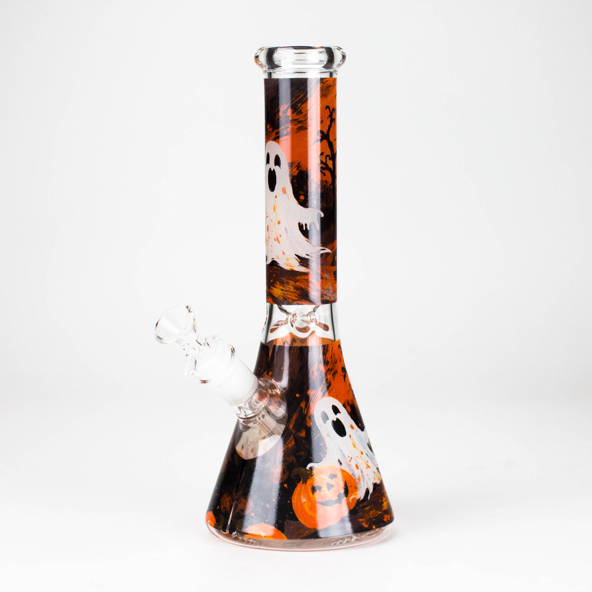 Design 2 cute ghost bong with orange accents and a white ghost above a pumpkin on the base